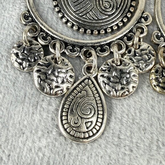 Boho Style Silver-Tone Chandelier Earrings Tribal Engraved Discs Teardrop Charms - Picture 6 of 16